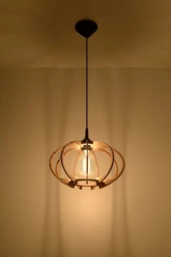 Sollux MANDELINO Holz Lamellen Hängeleuchte Natur, Schwarz 1-flg. E27 -Lichtwelt Verkauf 0392 3