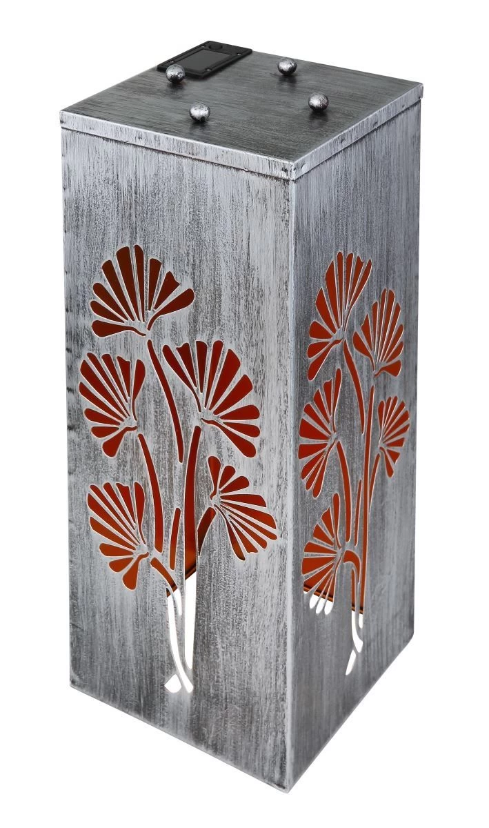 LED Solarleuchte Mit Pflanzschale U. Blatt Stanzungen Aus Metall Silber Antik 25x25x59cm Von Globo 6 LED Solarleuchte Mit Pflanzschale U. Blatt Stanzungen Aus Metall Silber Antik 25x25x59cm Von Globo – Bild 4