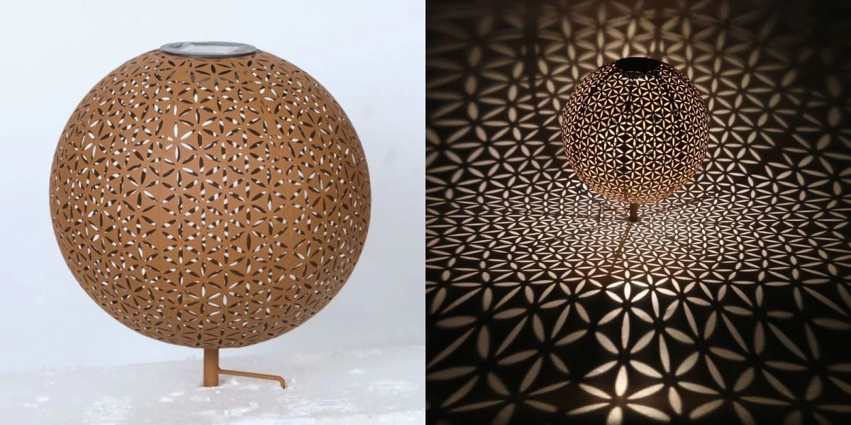 LED Solarleuchte Kugel Aus Metall Mit Dekorstanzungen Lebensblume Rostfarbend 270mm Von Globo 5 LED Solarleuchte Kugel Aus Metall Mit Dekorstanzungen Lebensblume Rostfarbend 270mm Von Globo – Bild 3