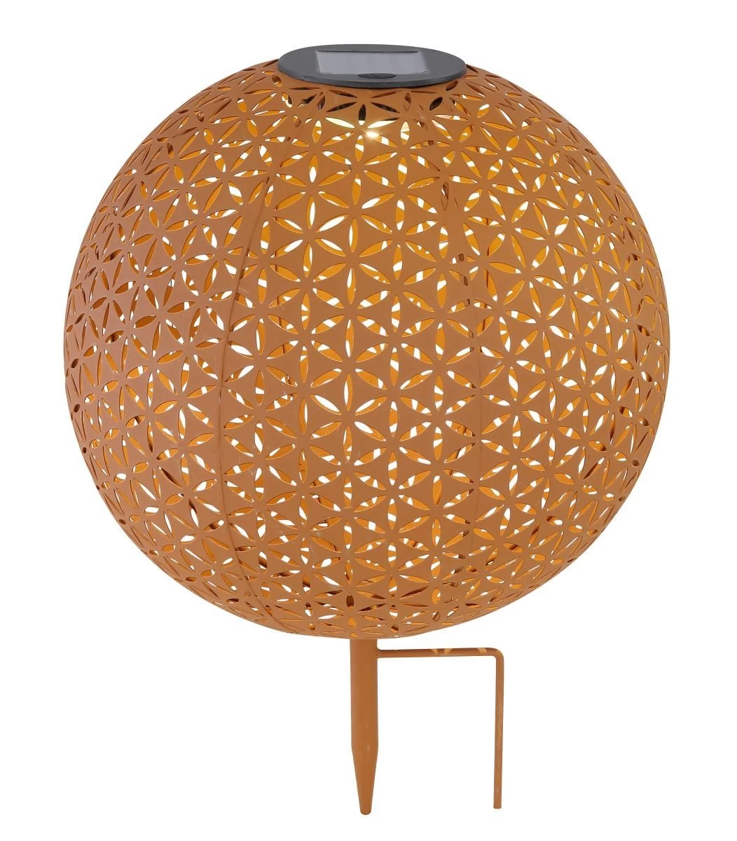 LED Solarleuchte Kugel Aus Metall Mit Dekorstanzungen Lebensblume Rostfarbend 270mm Von Globo 4 LED Solarleuchte Kugel Aus Metall Mit Dekorstanzungen Lebensblume Rostfarbend 270mm Von Globo – Bild 2