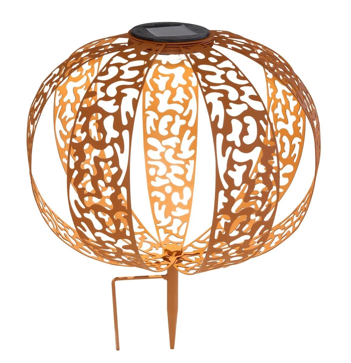 LED Solarleuchte Kugel Aus Streifen M. Dekorstanzungen Rostfarbend 300mm Von Globo 4 LED Solarleuchte Kugel Aus Streifen M. Dekorstanzungen Rostfarbend 300mm Von Globo – Bild 2