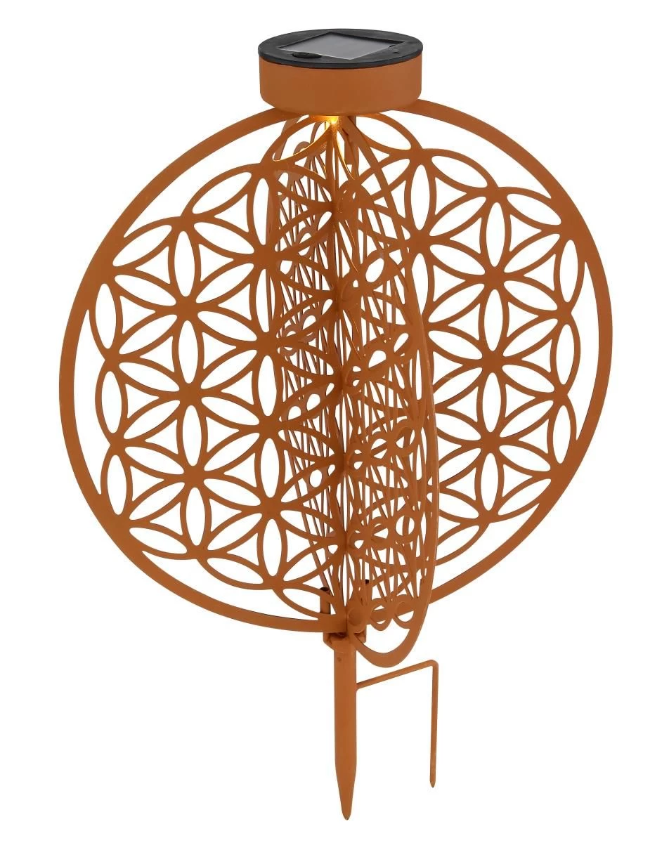 LED Solarlampe Scheiben Im Kugel Design Mit Dekorstanzung Lebensblume Rostfarben 300mm Von Globo 5 LED Solarlampe Scheiben Im Kugel Design Mit Dekorstanzung Lebensblume Rostfarben 300mm Von Globo – Bild 3