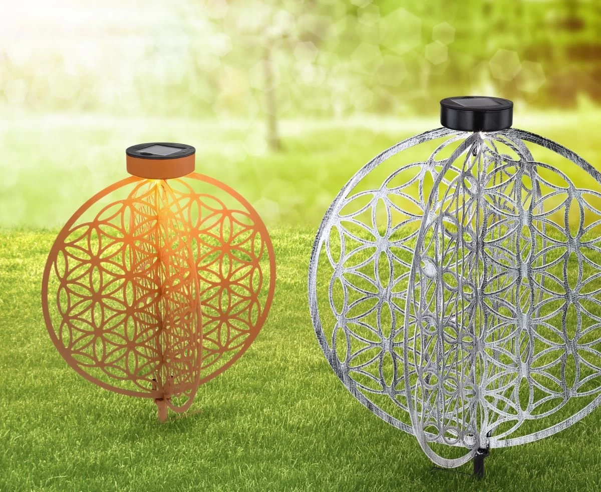 LED Solarlampe Scheiben Im Kugel Design Mit Dekorstanzung Lebensblume Rostfarben 300mm Von Globo 7 LED Solarlampe Scheiben Im Kugel Design Mit Dekorstanzung Lebensblume Rostfarben 300mm Von Globo – Bild 5