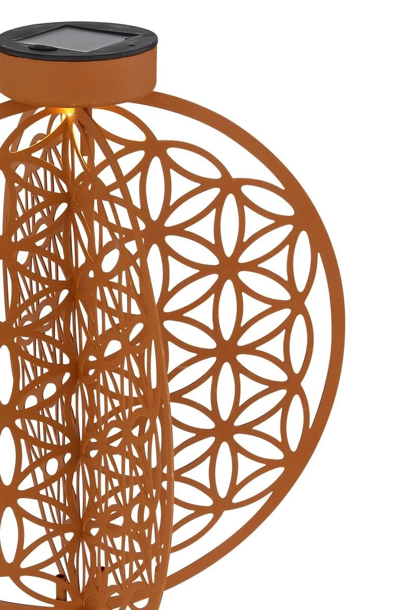 LED Solarlampe Scheiben Im Kugel Design Mit Dekorstanzung Lebensblume Rostfarben 300mm Von Globo 4 LED Solarlampe Scheiben Im Kugel Design Mit Dekorstanzung Lebensblume Rostfarben 300mm Von Globo – Bild 2