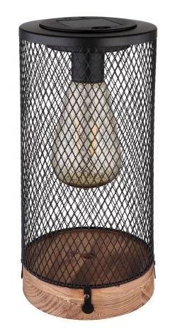 LED Solar Tischleuchte Metall Schwarz Holz Natur DH 120x255mm Von Globo