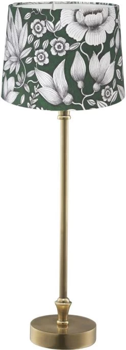 PR Home Liam Schmale Fensterbank Tischlampe Messing Textilschirm Grün Blumen E27 59x20x20cm